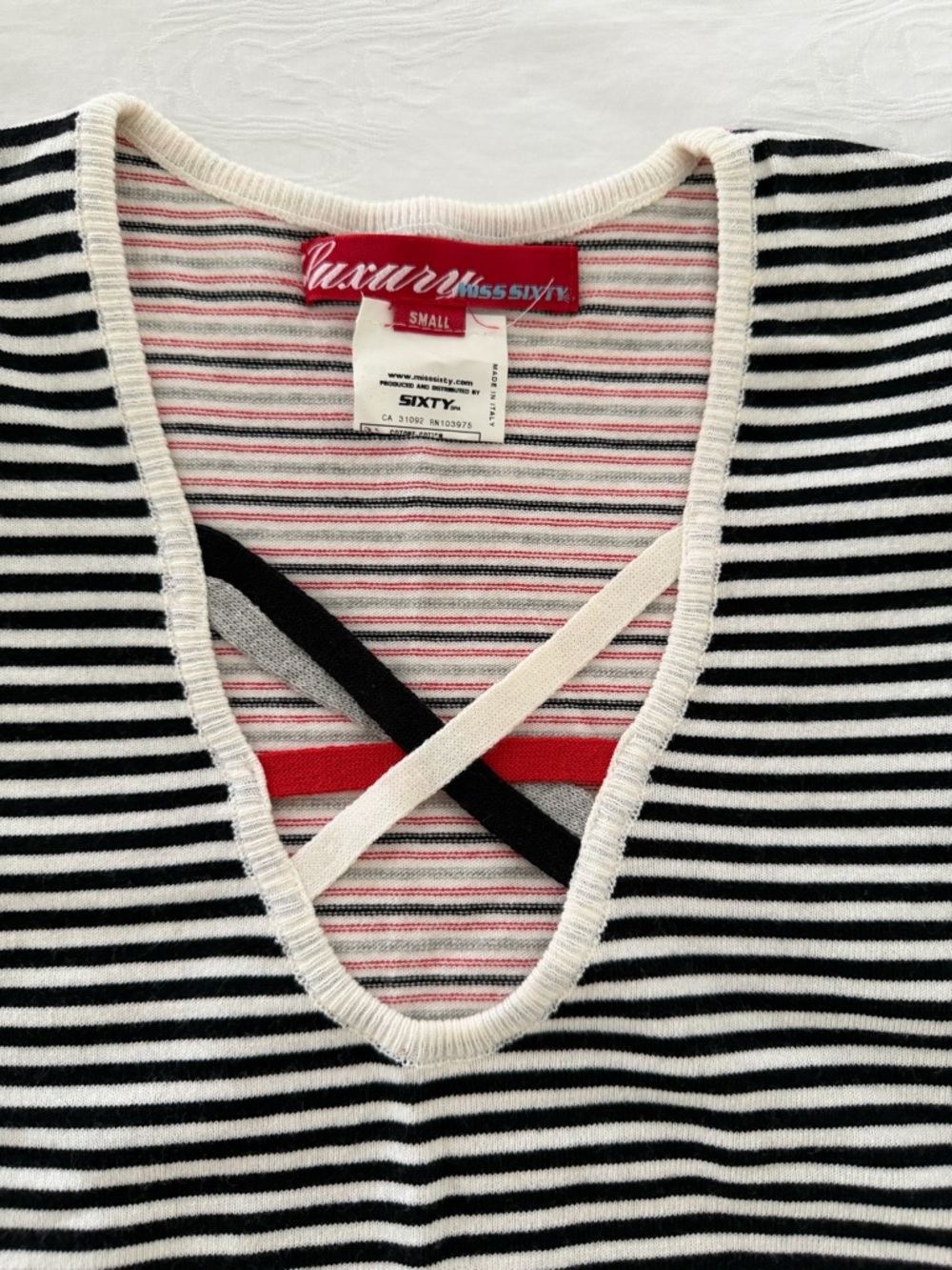 Miss Sixty Striped V-Neck Top in Black, White & Red - Picture 4 of 6